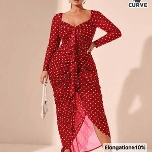 SHEIN Red Long Sleeve Polka Dot Dress